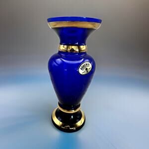 Bohemian Czech Colbalt Blue Etched Dragons 6 inch Gilded Bud Vase Sticker